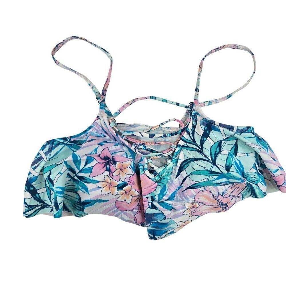 New True Craft Flounce Bikini Top Womens Size M Blue Pink Tropical